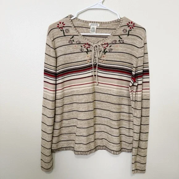 St Johns Bay Floral Embroidered Stripe Top Womens Large Boho Lace Up Cotton - Picture 1 of 11